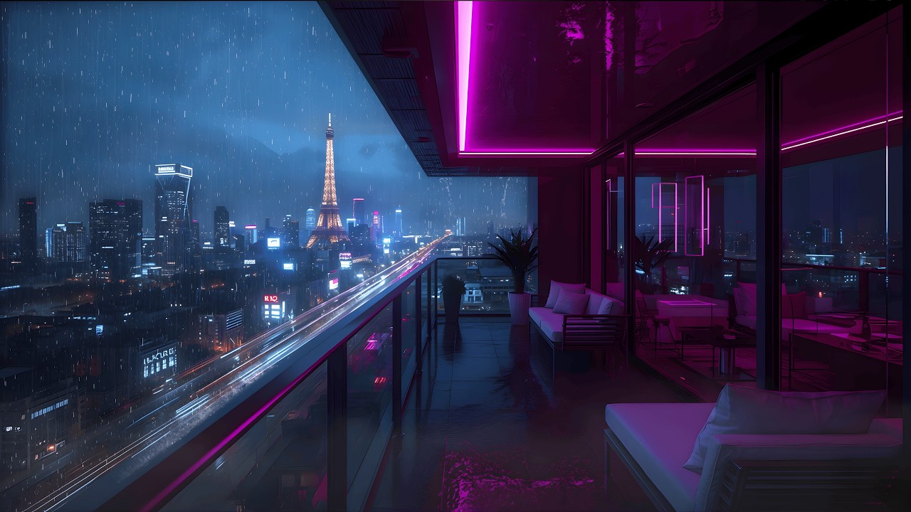 Lofi Rainy Nights 🌧️ – Luxury Neon Penthouse Balcony in Rainy Paris for Study & Relax | 4K