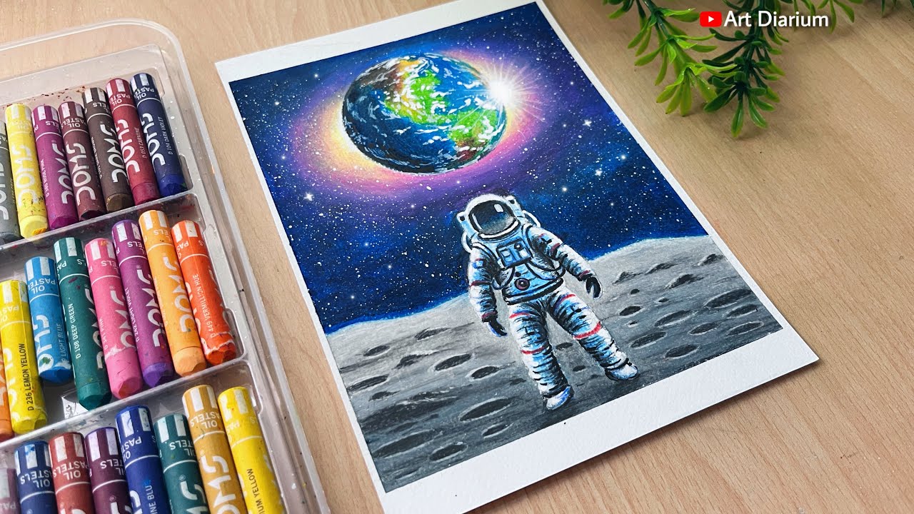 Astronaut on Moon Space Drawing with Oil Pastels | Step-by-Step Tutorial