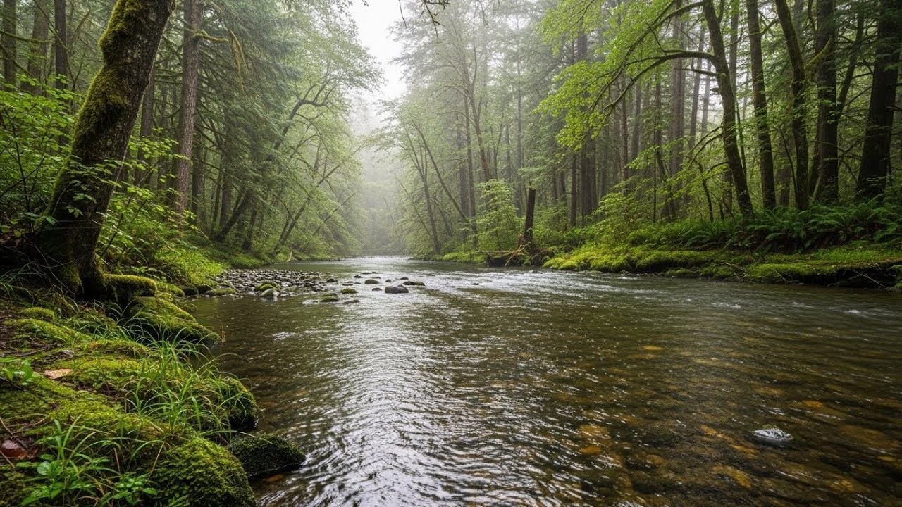 Relaxing Night Rain Sounds with Quiet River Ambience for Sleep, Study, and Meditation