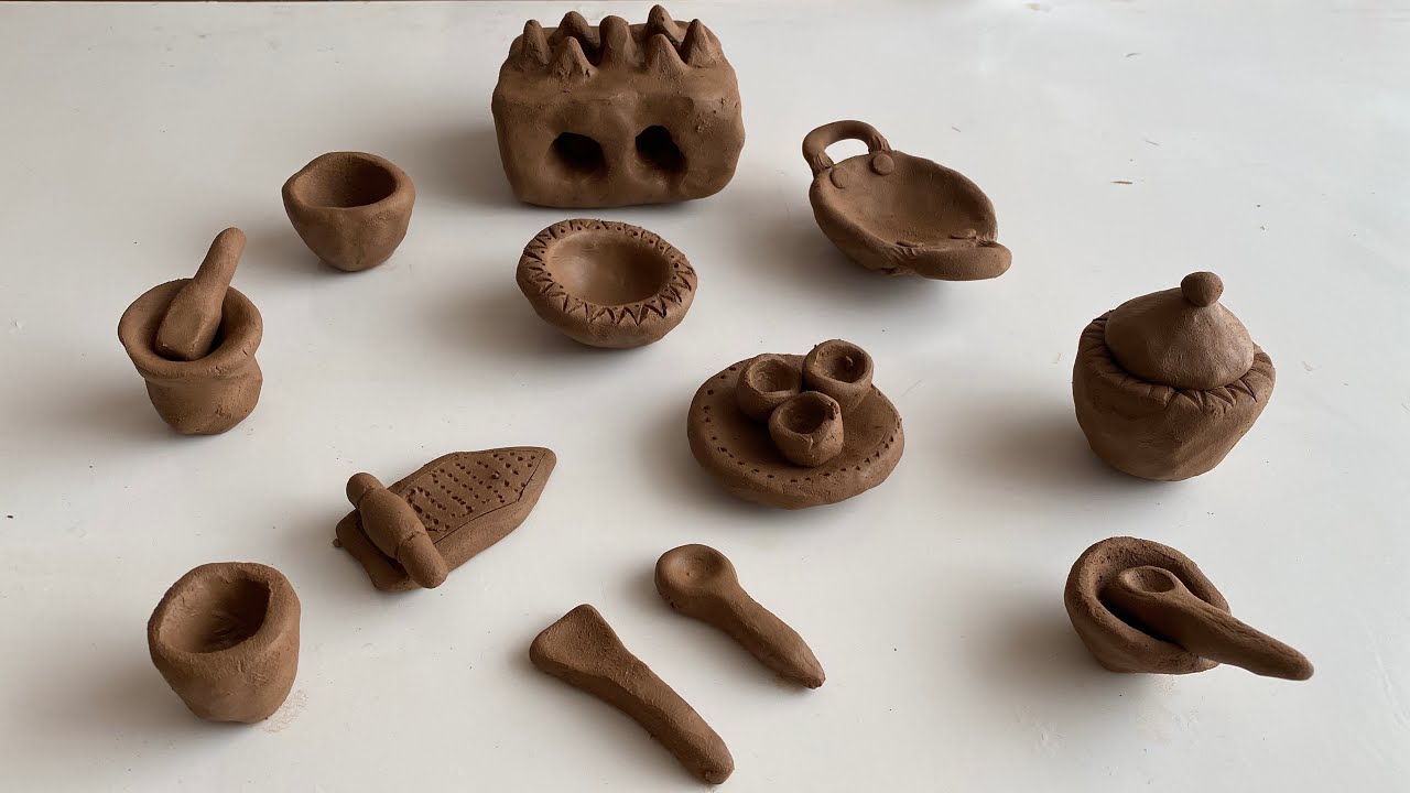 Primitive technique make handmade kitchen set with clay||miniature clay cookware set MUD ART
