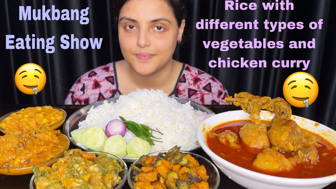 Eating Lal Lal Murgir Jhol with Rice, Different types of Vegetables| Spicy Chicken Curry| Mukbang