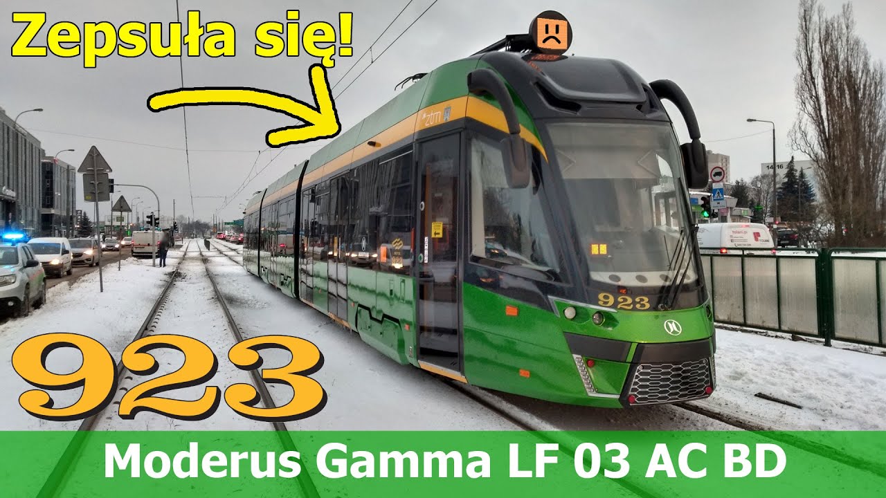Awaria tramwaju w Poznaniu! Moderus Gamma LF 03 AC BD (#923) - 9.02.2021 - Serafitek / Rondo Rataje