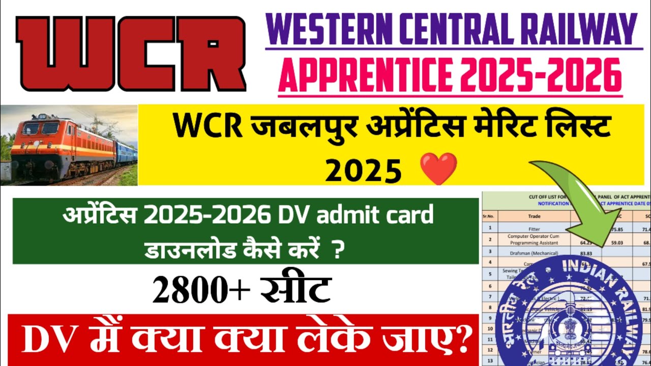 WCR Jabalpur Apprentice Merit List 2025 &hearts;️ || What to take in WCR DV? | WCR Jabalpur Railway