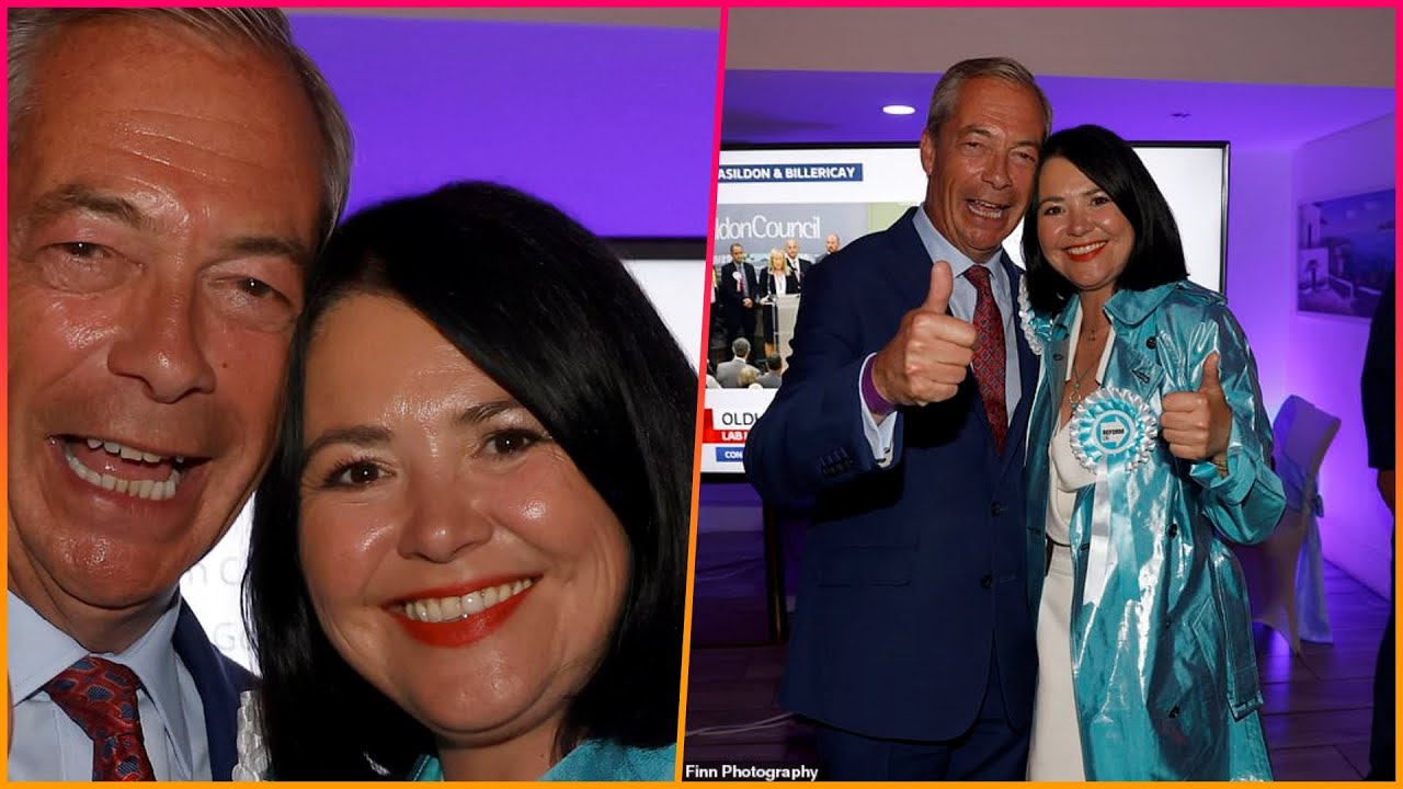 Laure Ferrari, 44, joins Nigel Farage, 60, at a party with a reformist blue mac lam&eacute;, as a source