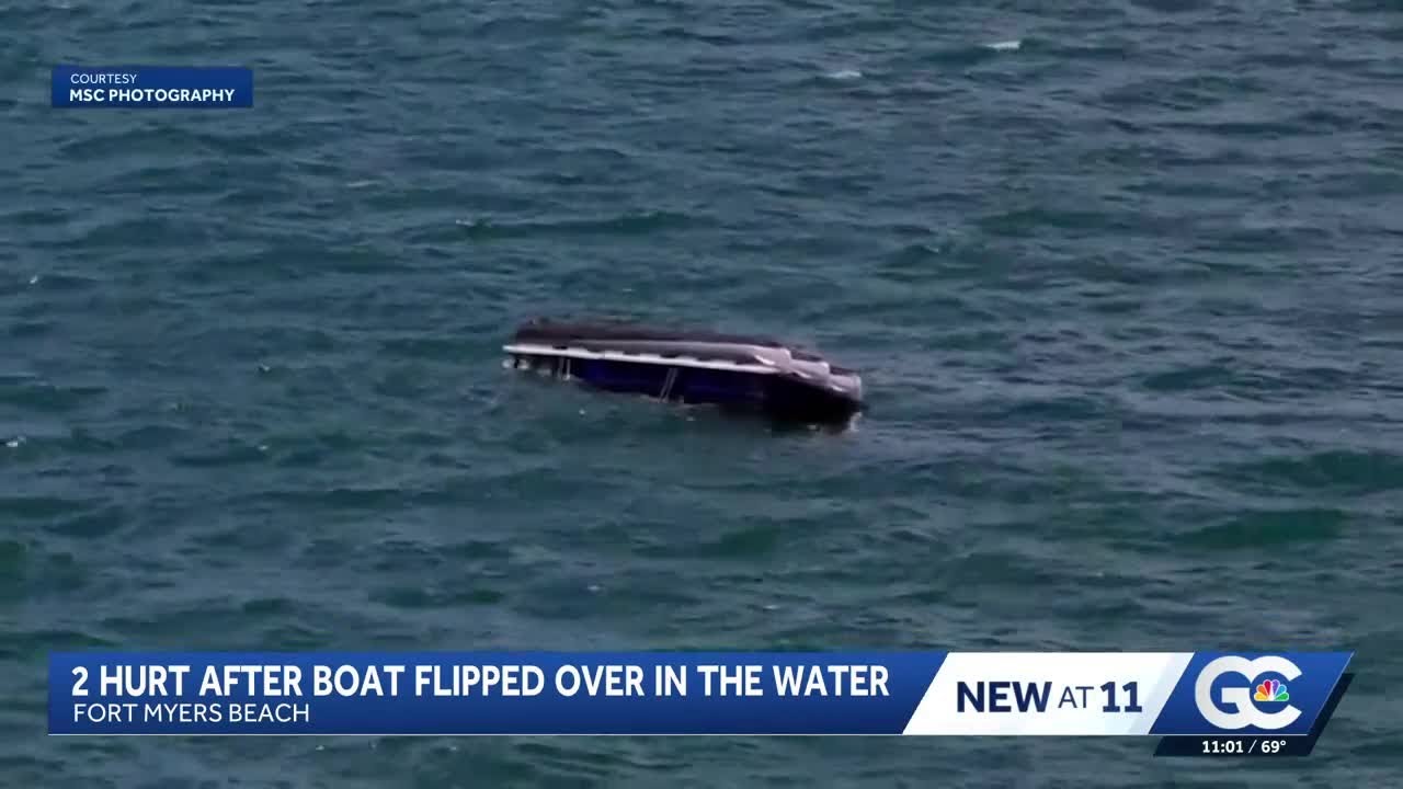 Tritoon boat flips over near the old Fort Myers Beach pier