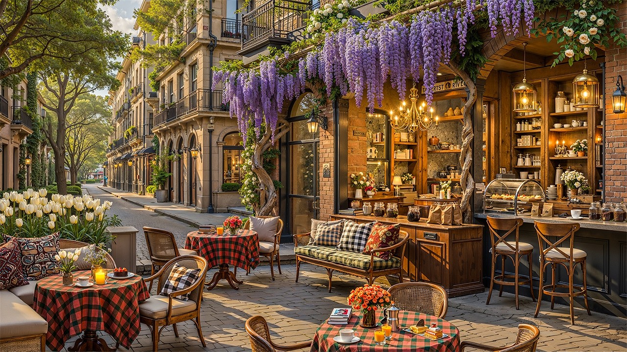 Relaxing Spring Morning with Soothing Jazz Music for Work, Study 🌿 Outdoor Coffee Shop Ambience