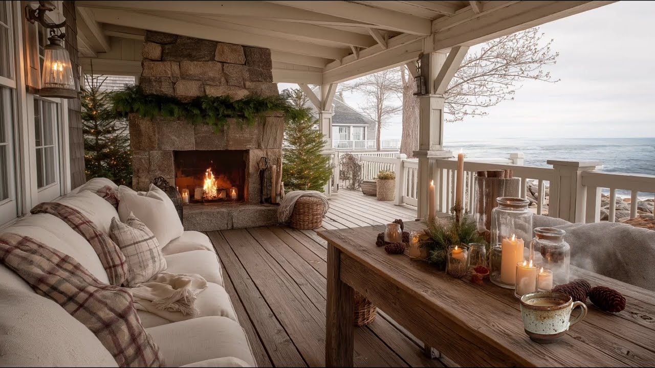 Coastal Holiday by the Ocean | Cozy Crackling Fire & Ocean Waves ASMR | Relaxing Christmas Ambiance