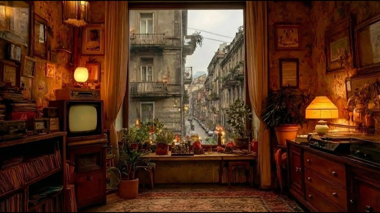 Rainy Day in 1970s European Apartment | Vintage Room Ambience with Old TV, Vinyl Records & Rain
