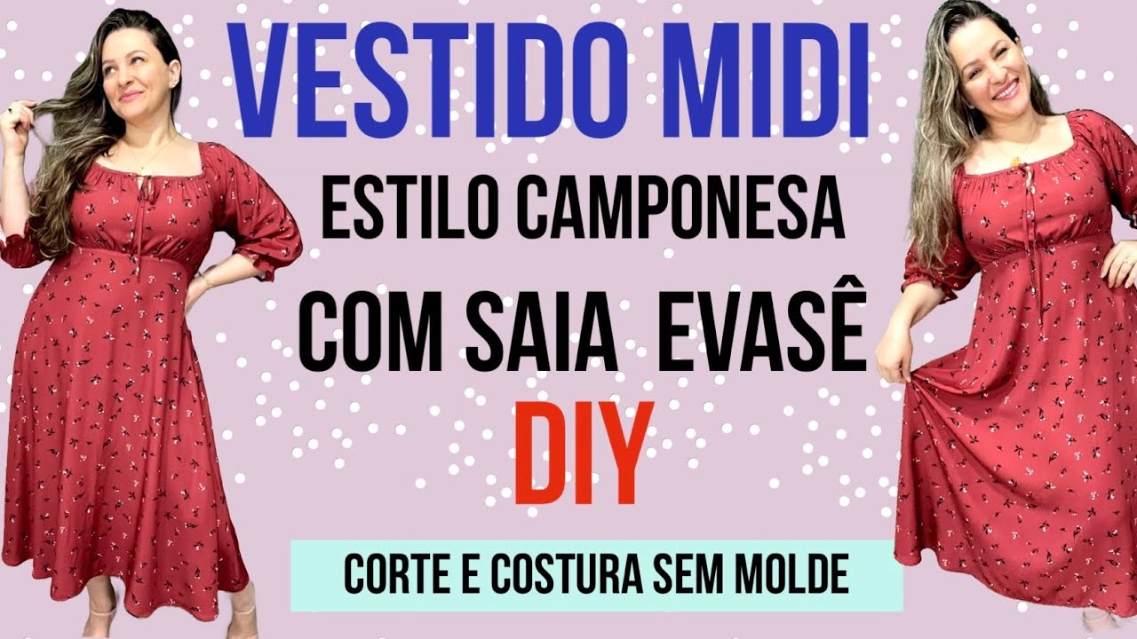 VESTIDO MIDI COM DECOTE ESTILO CAMPONESA E SAIA EVASÊ CORTE E COSTURA FÁCIL SEM MOLDE #dress #diy