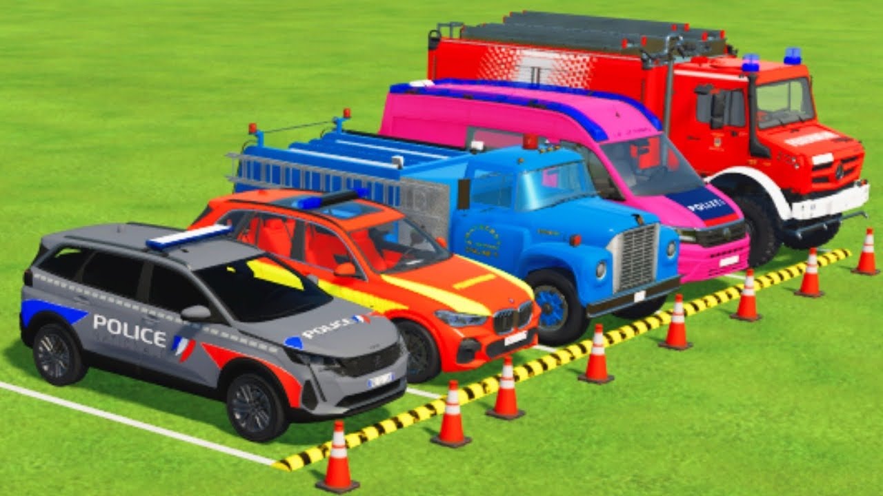 TRANSPORTING CARS, AMBULANCE, POLICE CARS, FIRE TRUCK, MONSTER TRUCK OF COLORS! WITH TRUCKS! - FS 22