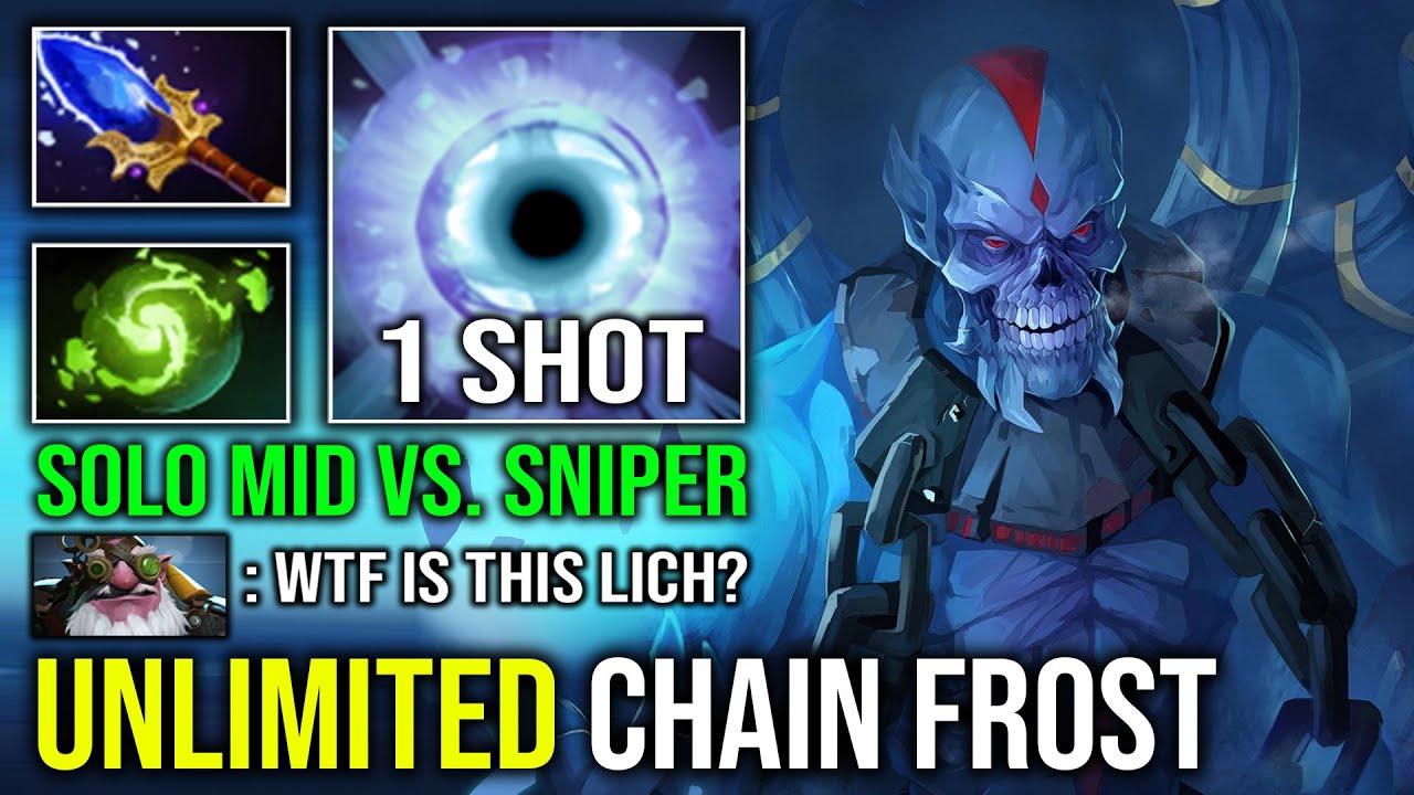 How to Mid Lich Against Annoying Sniper with 1 Shot Chain Frost 100% Full Aghanim Effect Dota 2