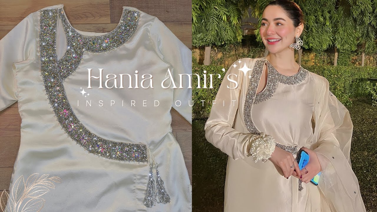 Most trending Hania Amir' inspired outfit✨ Trending Pakistani style neck hand embroidery work diy