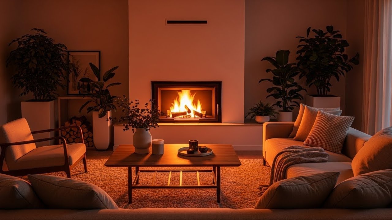 Cozy Aesthetic Living Room at Night • Warm Fireplace & Soft Rain Ambience 4K