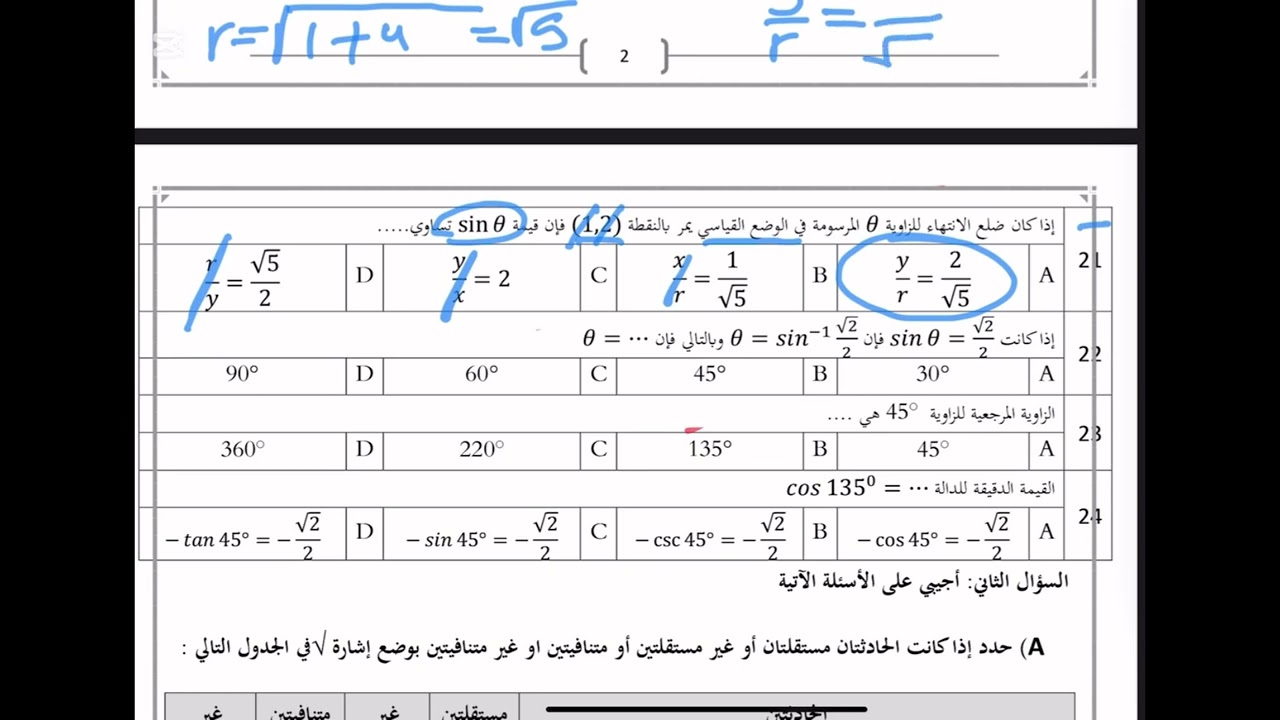 اختبار رياضيات ٢ثانوي حساب مثلثات وتحصيلي