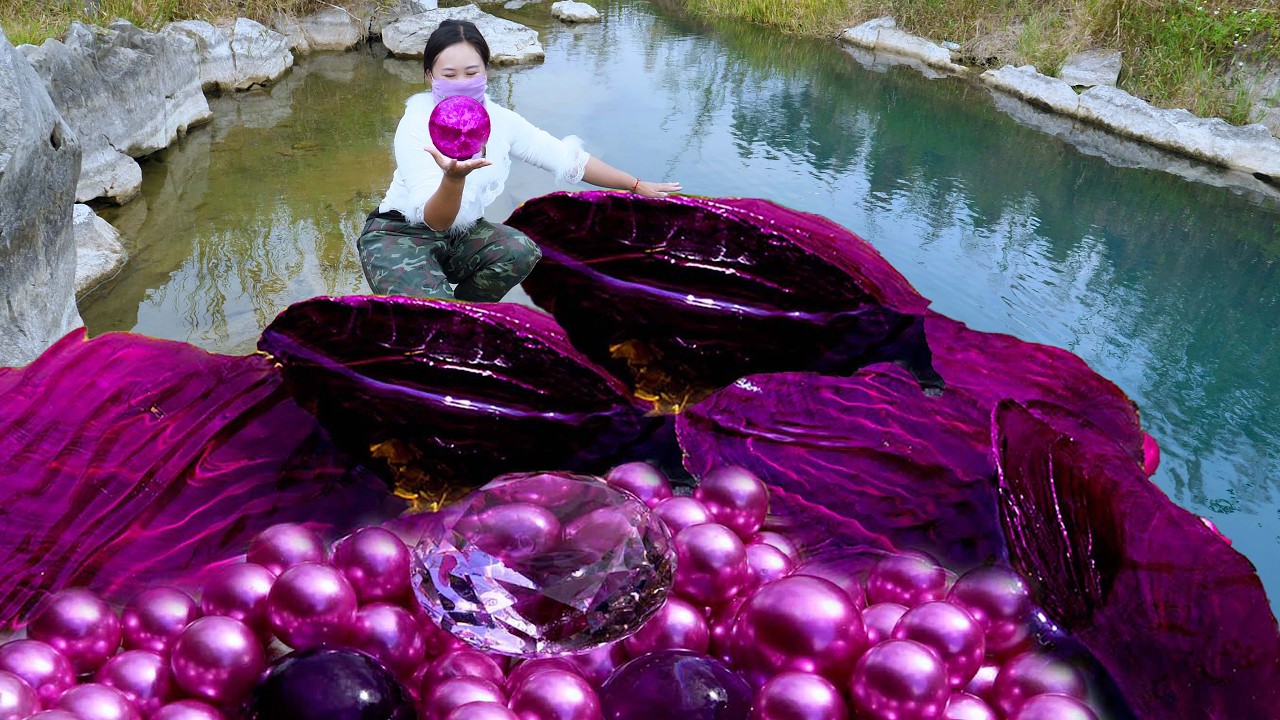 😱🎁Giant purple clams in the deep pool, nurturing enchanting purple pearls, extremely beautiful