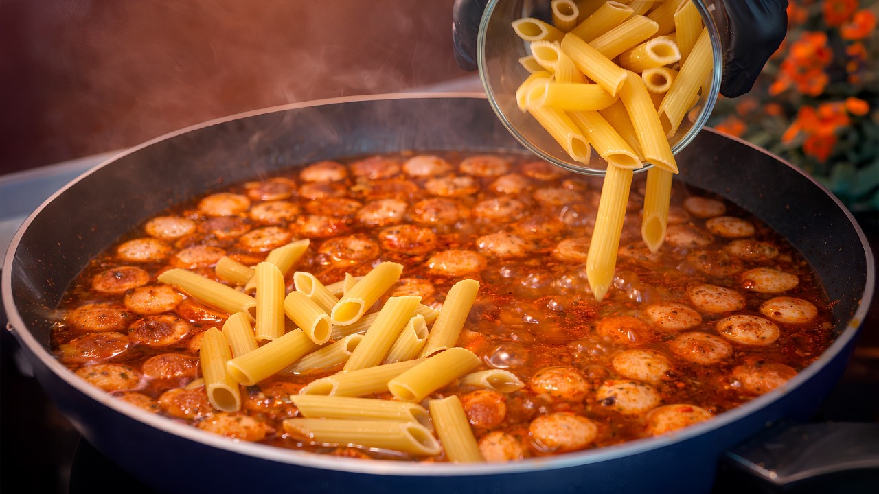 Quick pasta with sausage in tomato sauce — the easiest homemade dinner! All in one pan!