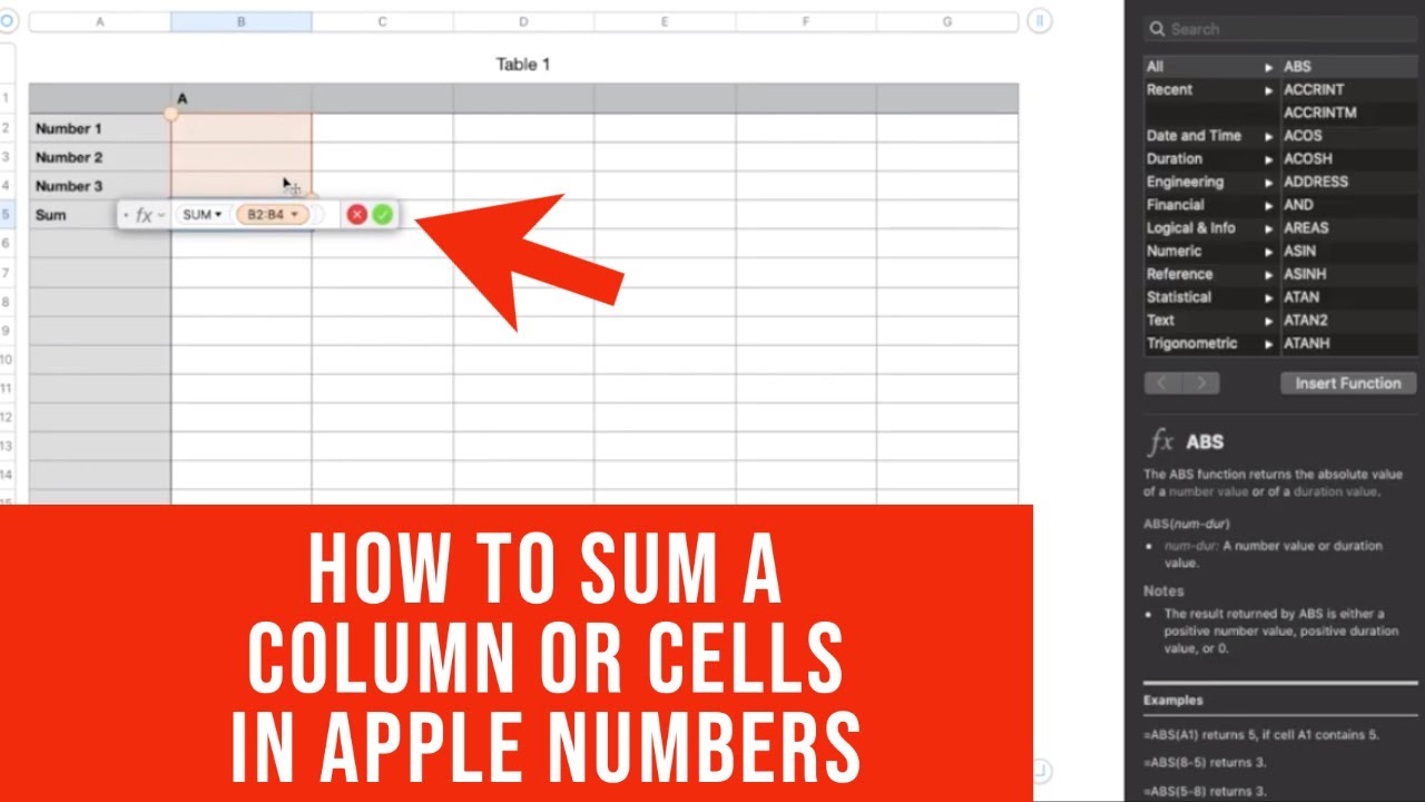 Как суммировать столбец или ячейки в Apple Numbers
