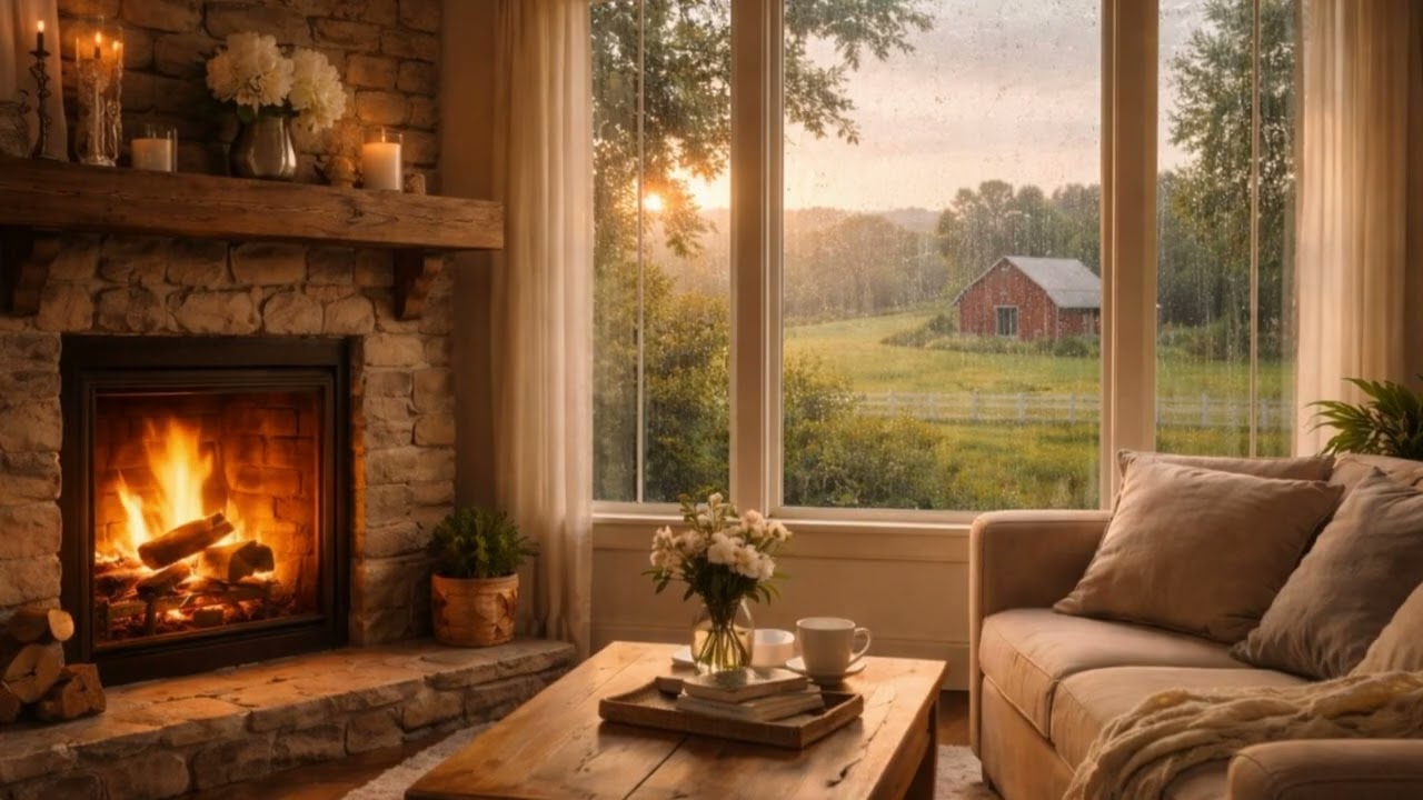 Farmhouse Rain Shower with Fireplace Ambience | 3 Hours | Cozy Relaxing Sounds for Sleep and Calm