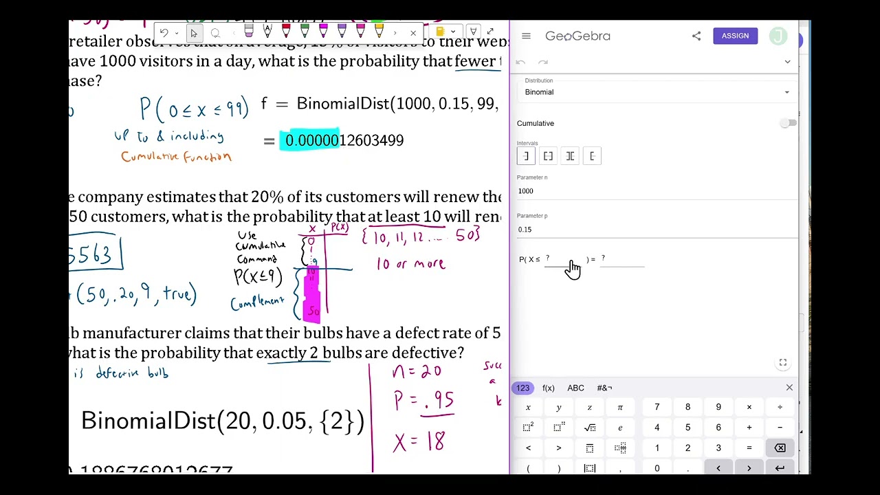 Explanation of second Geogebra function to solve binomial probability questions