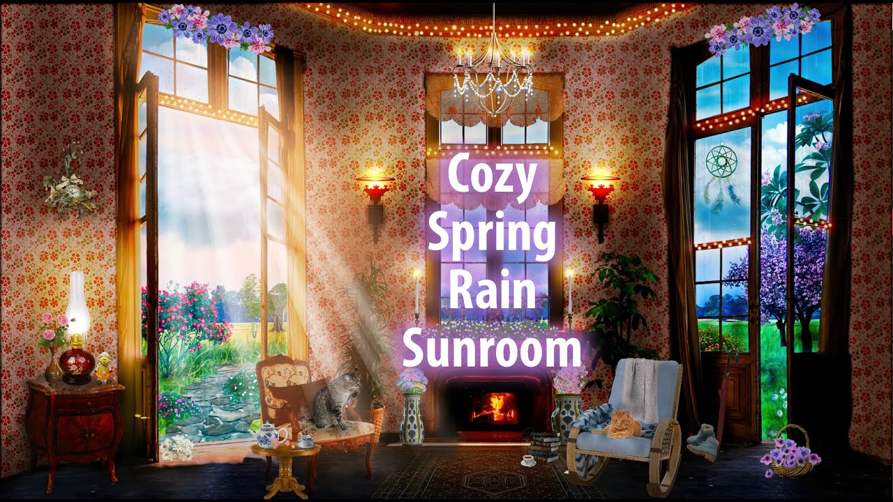 Cozy Spring Rain Sunroom 🍵 ASMR Ambience (rain, fireplace, birds, purring, tea)