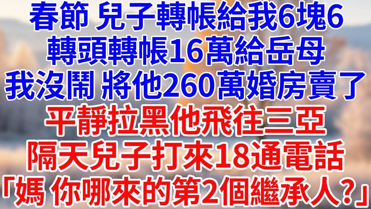 春節，兒子轉帳6塊6，轉頭卻轉帳16萬。我沒鬧，將他260萬婚房賣了，平靜拉黑他飛往三亞。隔天，兒子打來18通電話，「媽，你哪來的第二個繼承人？」#婆媳故事#為人處世#生活經驗#情感故事#故事#小說