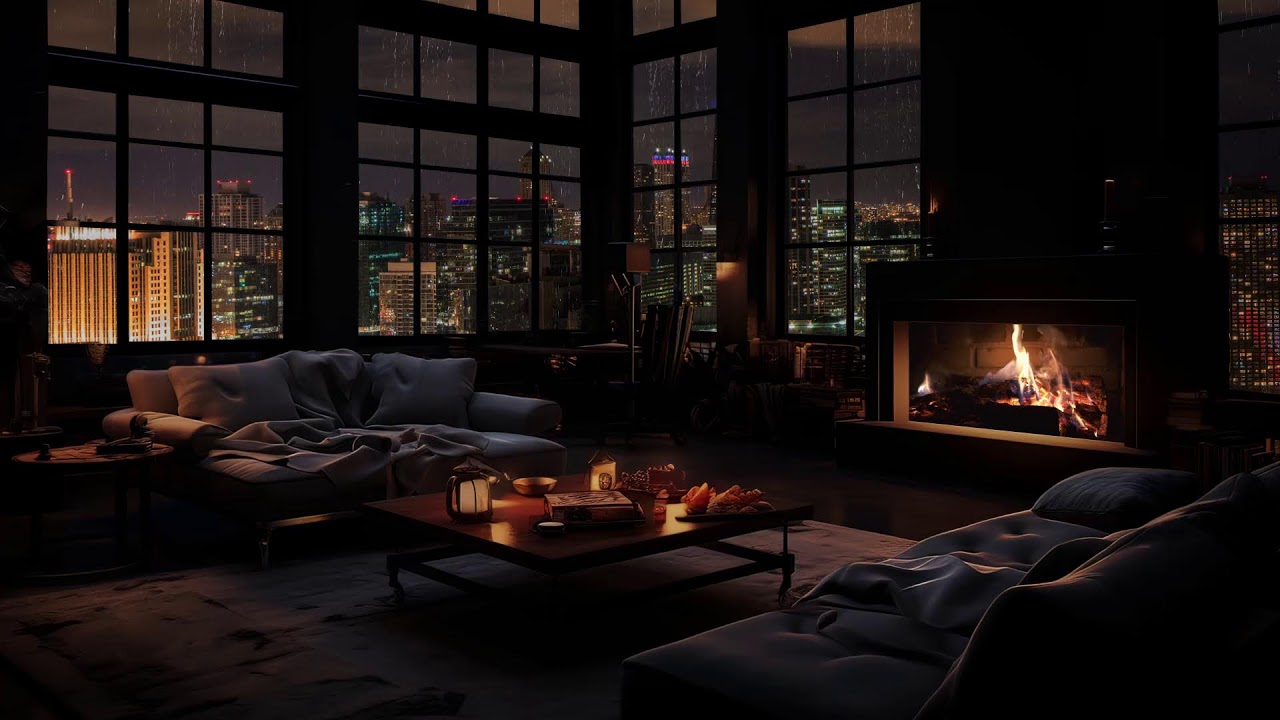 Sanft in den Schlaf gleiten: Gemütliches Zimmer mit Stadtregen und Kaminfeuergeräuschen 🌧️🌙🔥