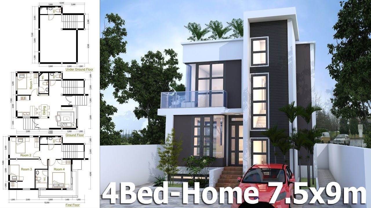 Home Plan 7.5x9m With 4 Bedroom Home design Idea