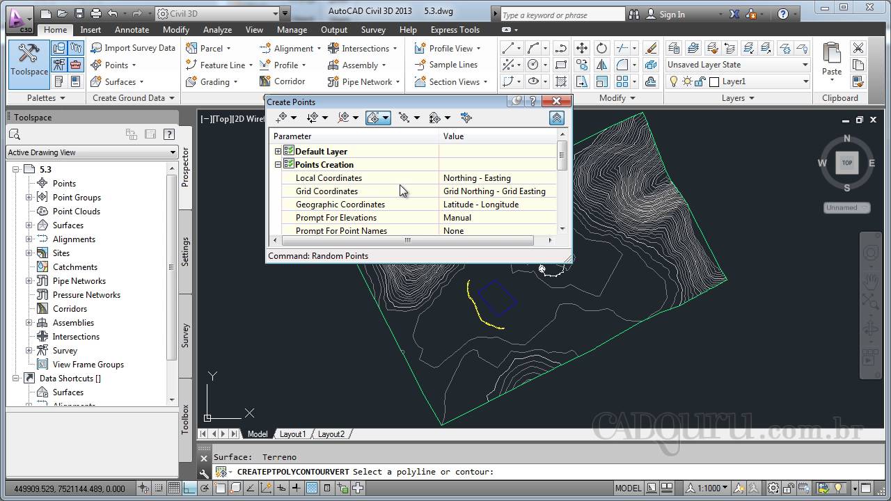 Criando pontos a partir de uma superfície no AutoCAD Civil 3D