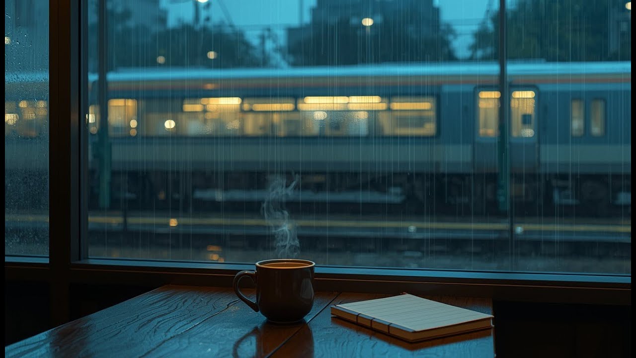 Rainy Train Passing a Quiet Café in Japan 🚆🌧️ Piano Night Ambience