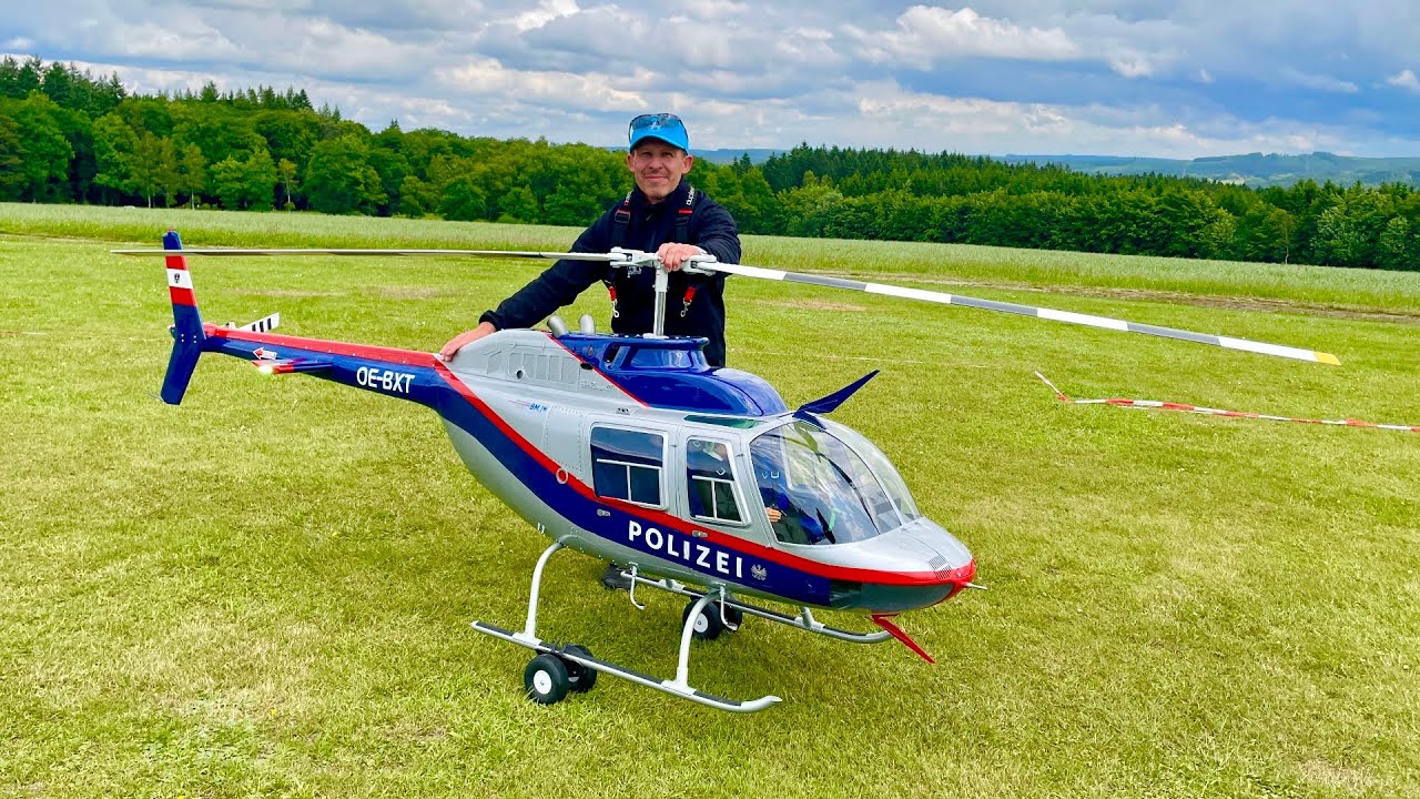 Giant RC Bell 206 Jet-Ranger Police with Turbine Power in stronger Wind | RC-Helicopter-Service