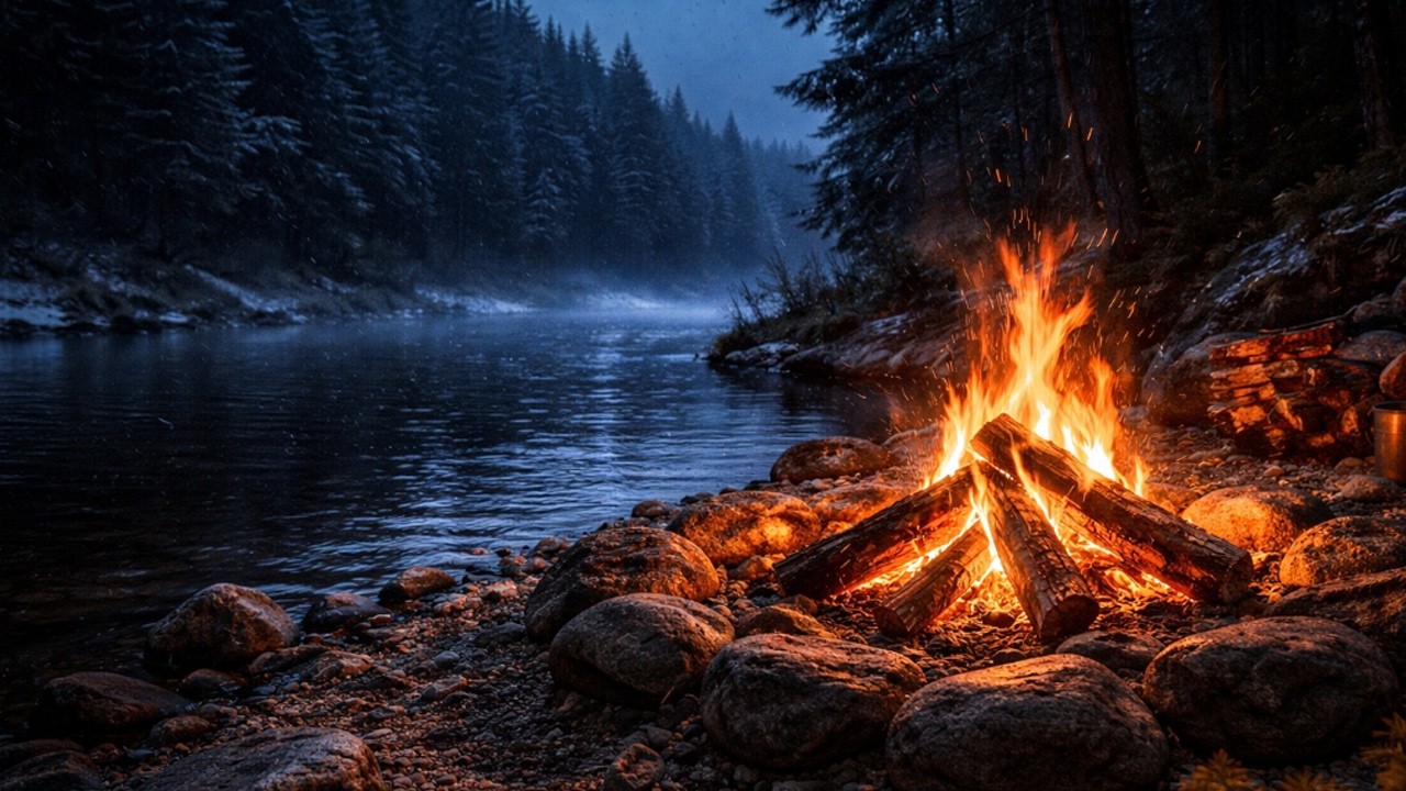 Alone by a Cold River at Night 🔥 Campfire & Water Sounds for Deep Sleep