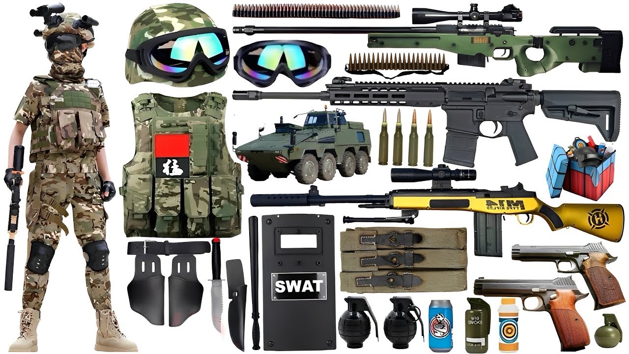 Special Forces military toy gun set unboxing, AWM sniper rifle, AKS-74U automatic rifle, Colt M1991