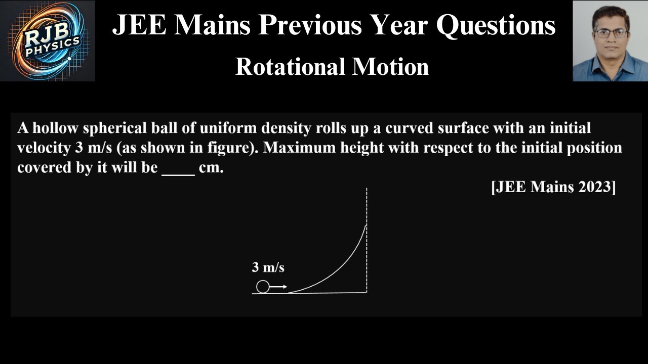 A hollow spherical ball of uniform density rolls up a curved surface with an initial velocity 3 m/s