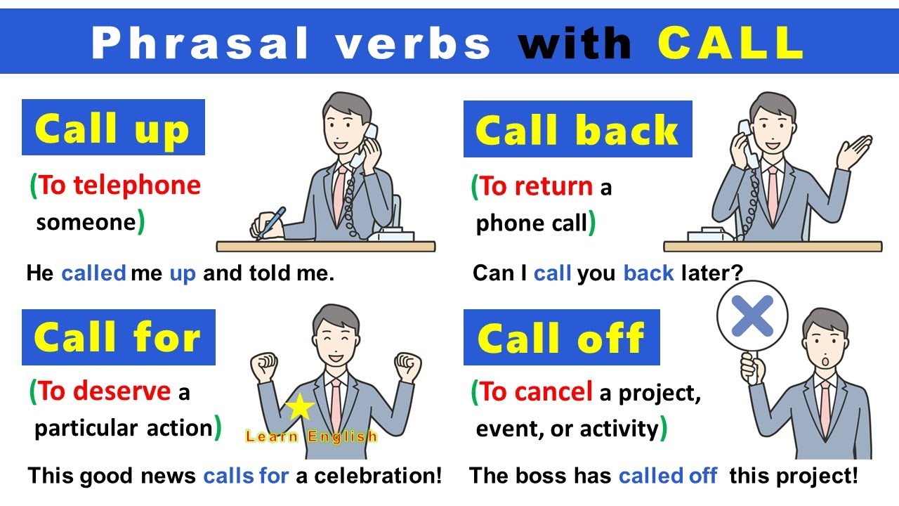 Phrasal Verbs in English grammar with CALL: Call up, Call back, Call out, Call in…