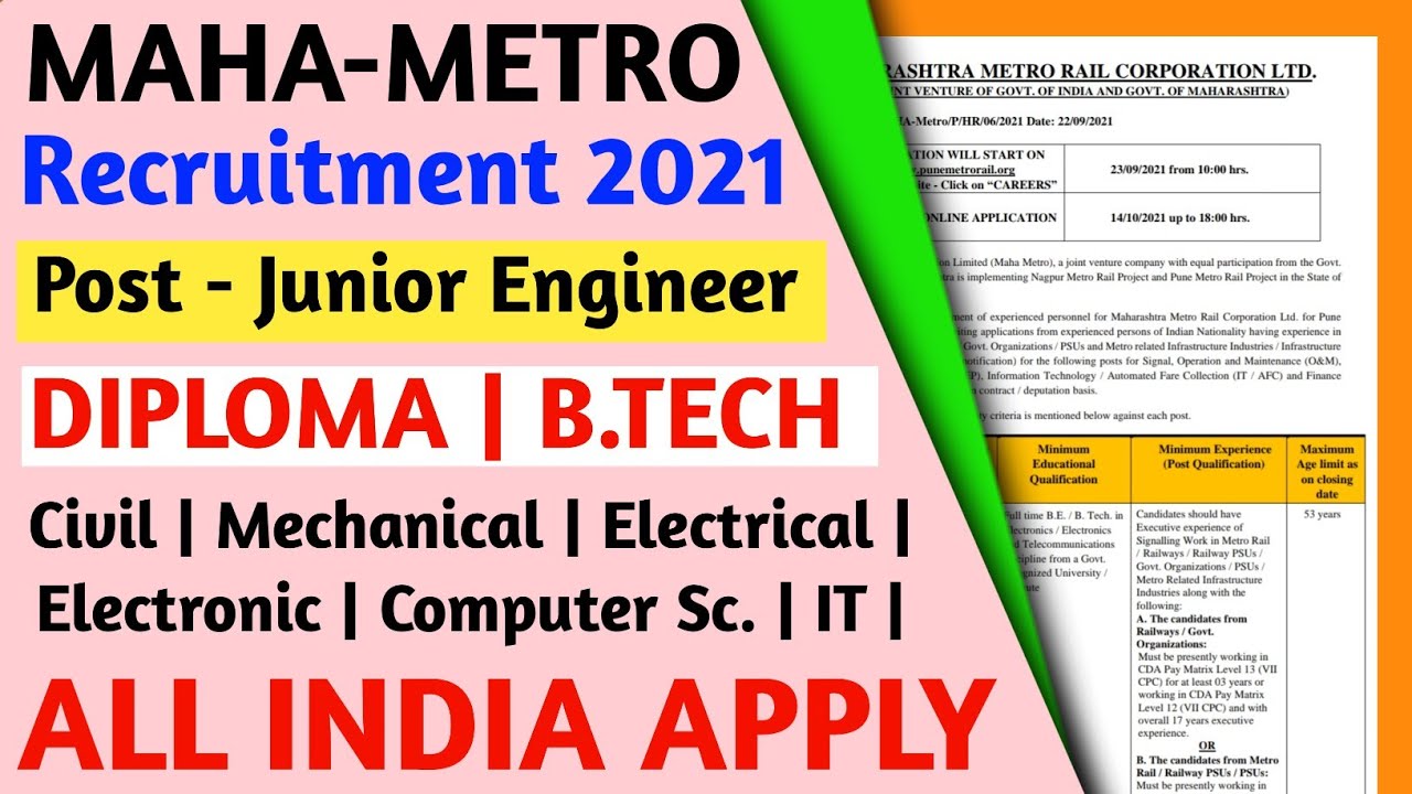 MMRCL JE Recruitment 2021 | Diploma B.tech  ITI | Junior Engineer Vacancy 2021 | Civil Mechanical