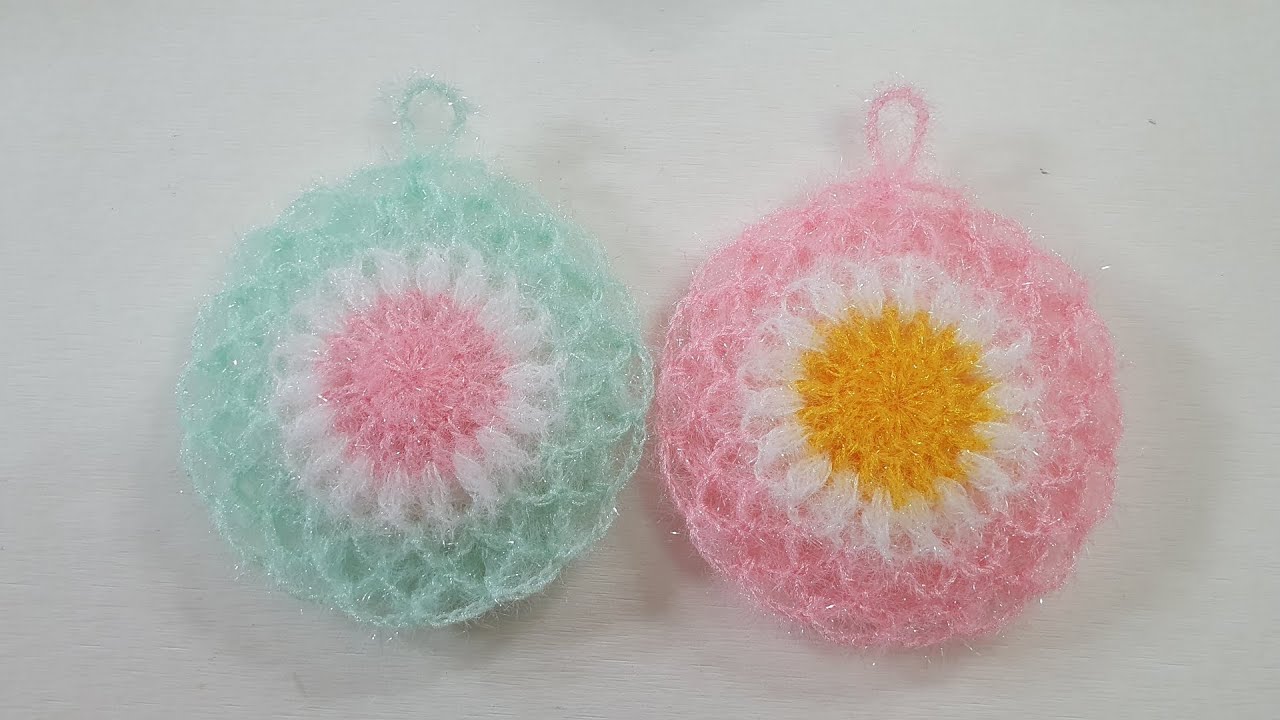 💖50만뷰💖 코바늘 수세미/초보용 그물꽃수세미  Crochet Flower  Dish Scrubber