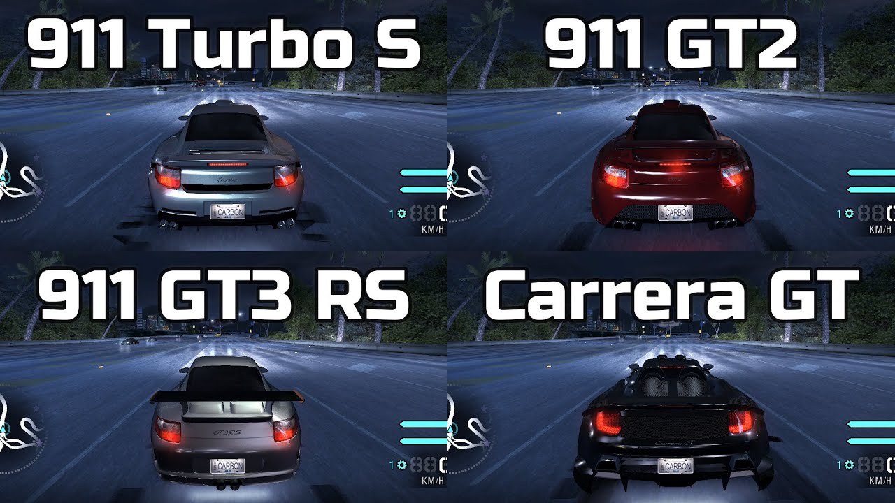 911 Turbo S vs 911 GT2 vs 911 GT3 RS vs Carrera GT - Need for Speed Carbon (Drag Race)