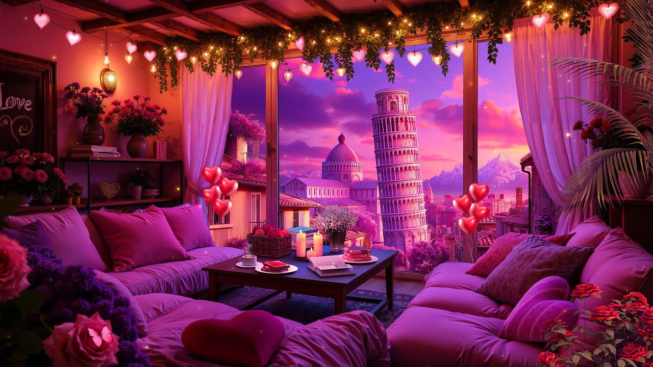Valentine Jazz 💖 Cozy Living Room with Pisa View, Pink Sunset & Romantic Fireplace Ambience