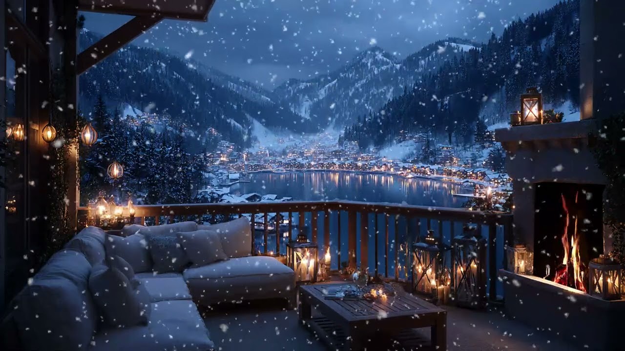 Soft Piano Under Snowy Skies With Fireplace Ambience For Cozy Winter Night Rest
