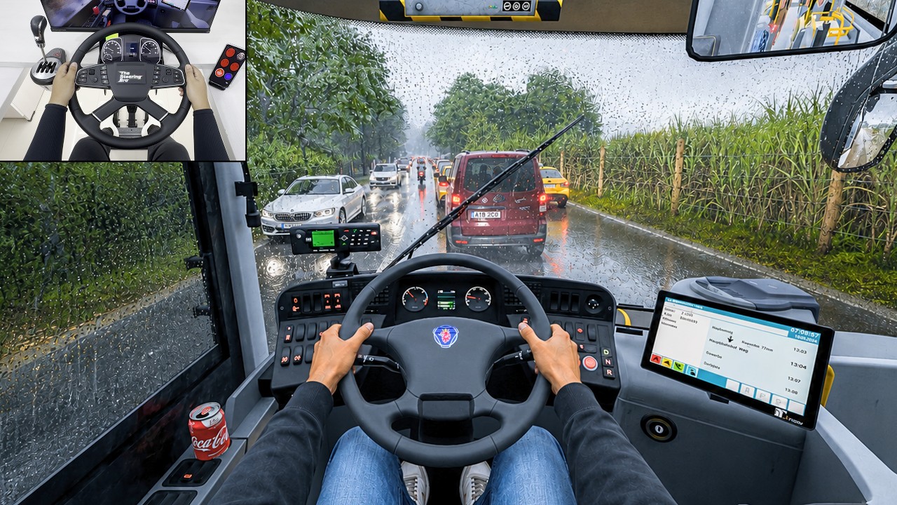 The Bus - Heavy Rain Drive Through Germany | Realistic Bus Sim | Steering Wheel Gameplay