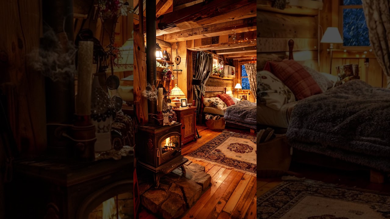 Sleep in a Cozy Snowy Cabin | Winter Ambience with Crackling Fireplace Sounds and Relaxing Snow