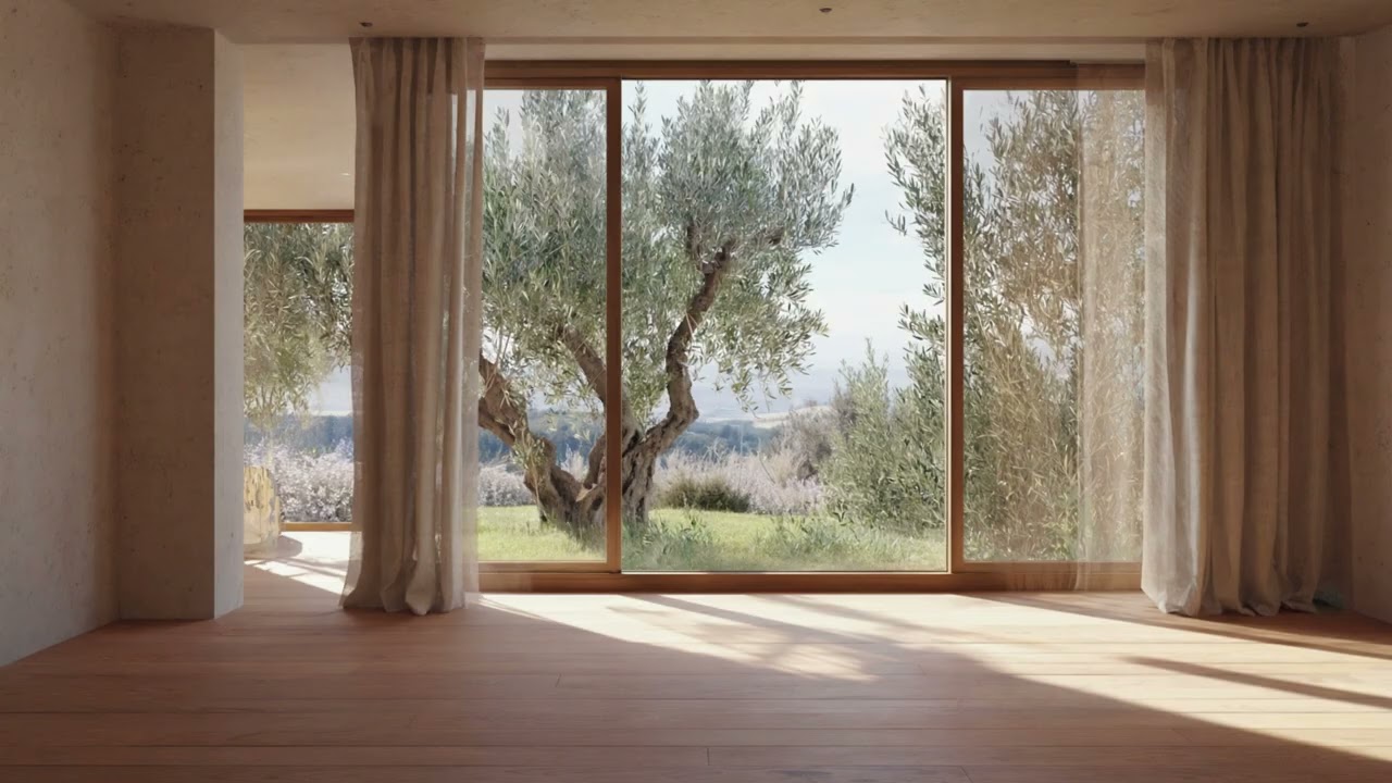 Soft Neutral Living Room with Olive Tree View | 4K Spring Ambient Screensaver