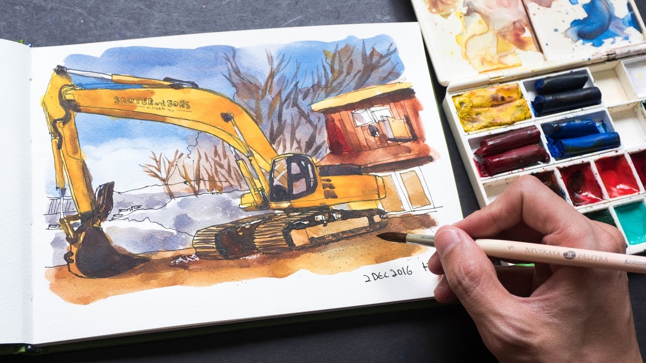 Sketching a Digger with Pen Ink & Daniel Smith Watercolor Sticks (tutorial)