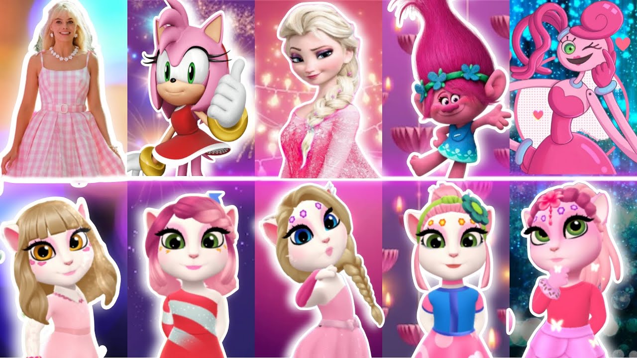 🏵My talking Angela 2 || Barbie vS Amy Rose vS Pink Elsa vS Trolls vS Mommy Long Legs || cosplay