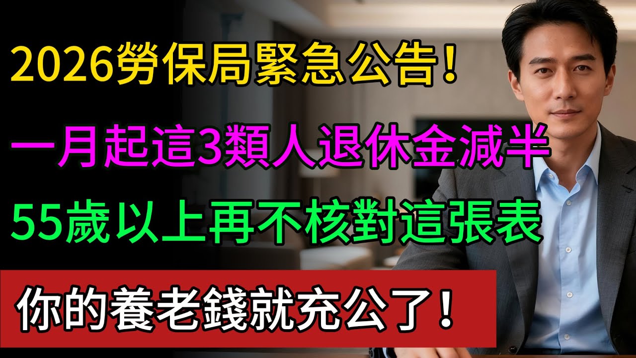 勞保局緊急公告！2026年元旦起，這3類人「退休金」將自動減半！55歲以上請注意，再不核對這張表，你的養老錢就充公了！#勞保 #退休金 #減半#55歲 以上 #緊急公告 #2026大蕭條 #健康永駐