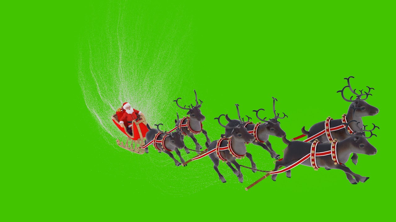 Santa Claus on a sleigh with Christmas reindeer. Animation in front of green screen.
