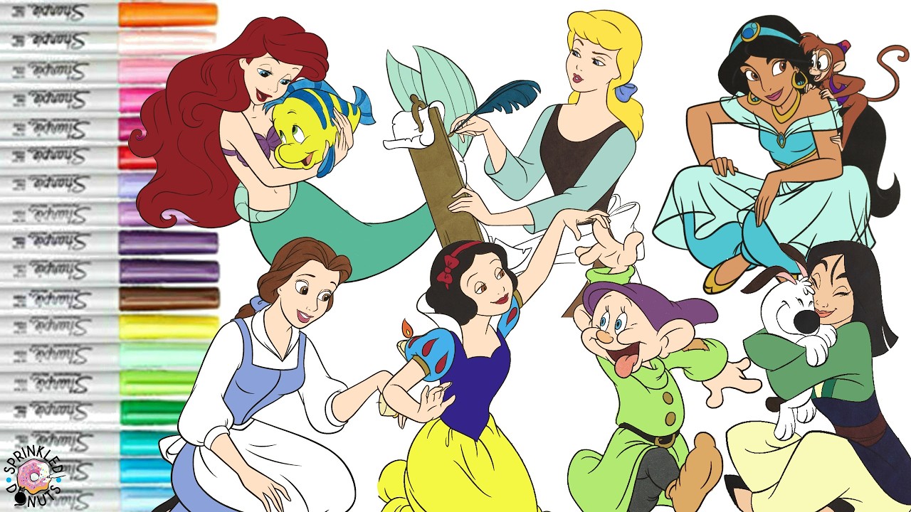 Disney Princess Coloring Book Compilation Ariel Jasmine Snow White Belle Mulan and Cinderella