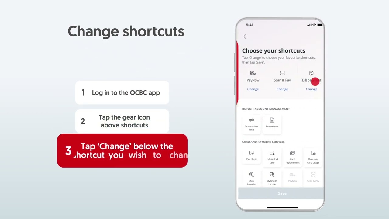 How to change shortcuts on OCBC app?