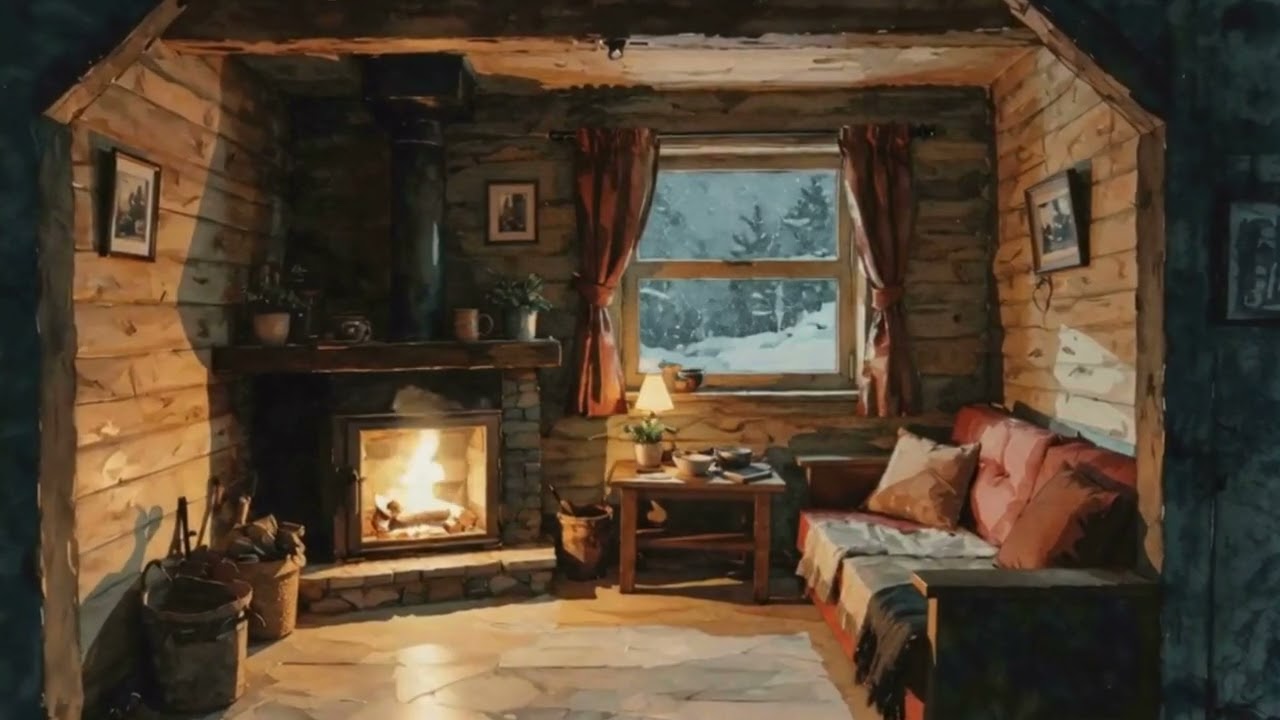 Mountain Cabin at Dusk — Cozy Wind, Welcoming Fire, Quiet Night