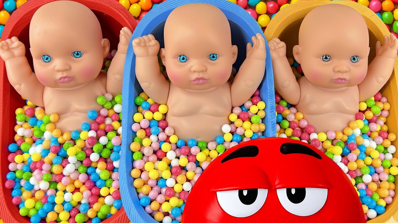 Full of 3 Rainbow BathTubs Candy with M&M's & Magic Slime Cutting Video #3